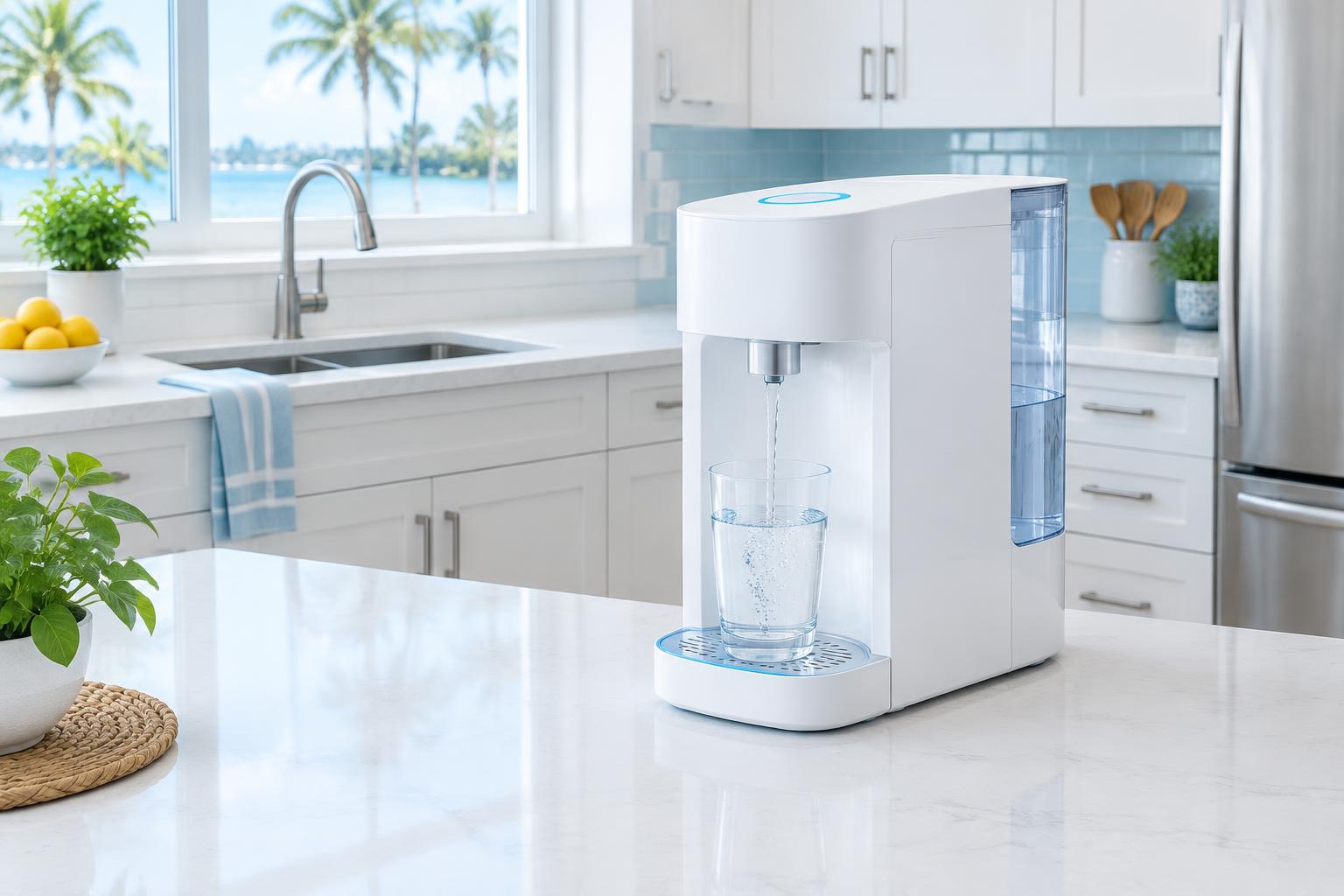 Illustrative countertop water dispenser with a glass on a bright kitchen counter