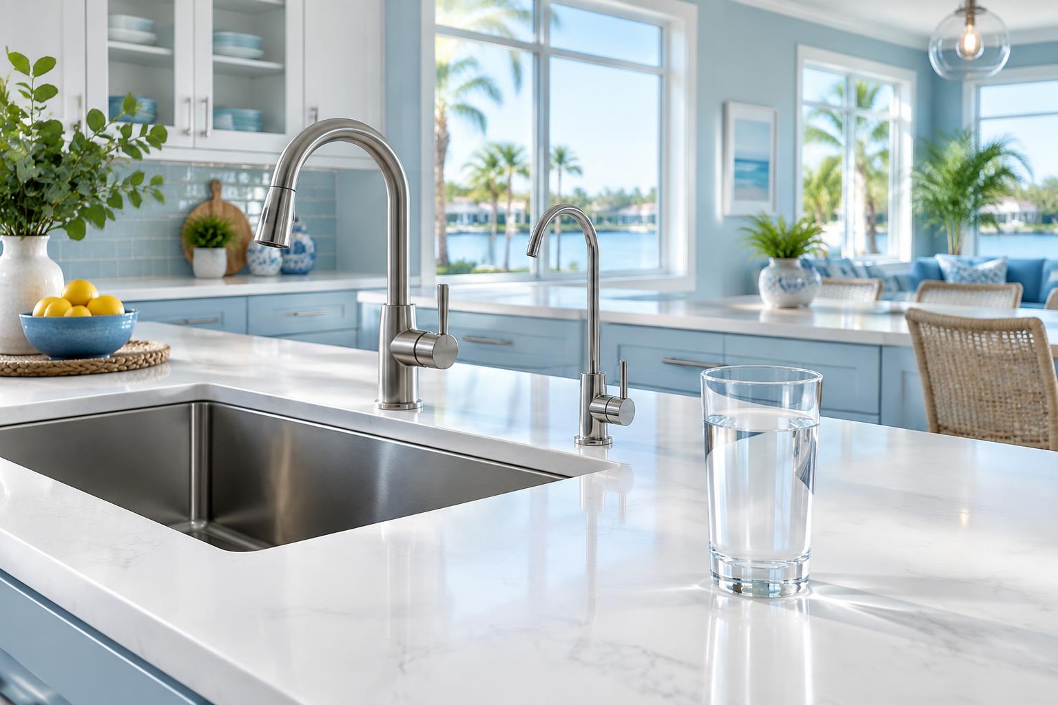 Bright kitchen with a drinking water faucet and glass of water